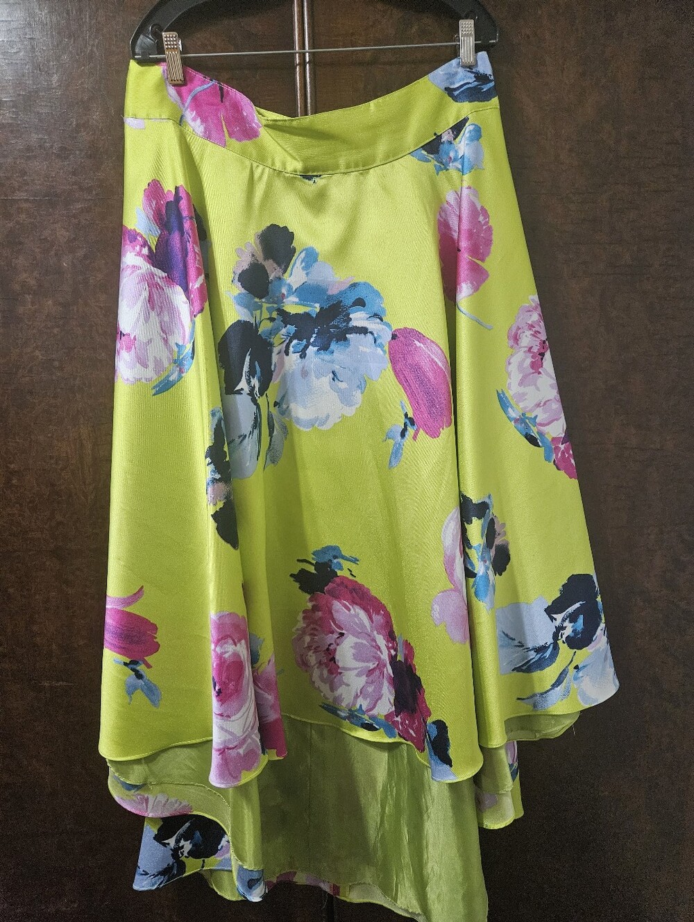 Floral High-Low A-Line Skirt in Lime Green